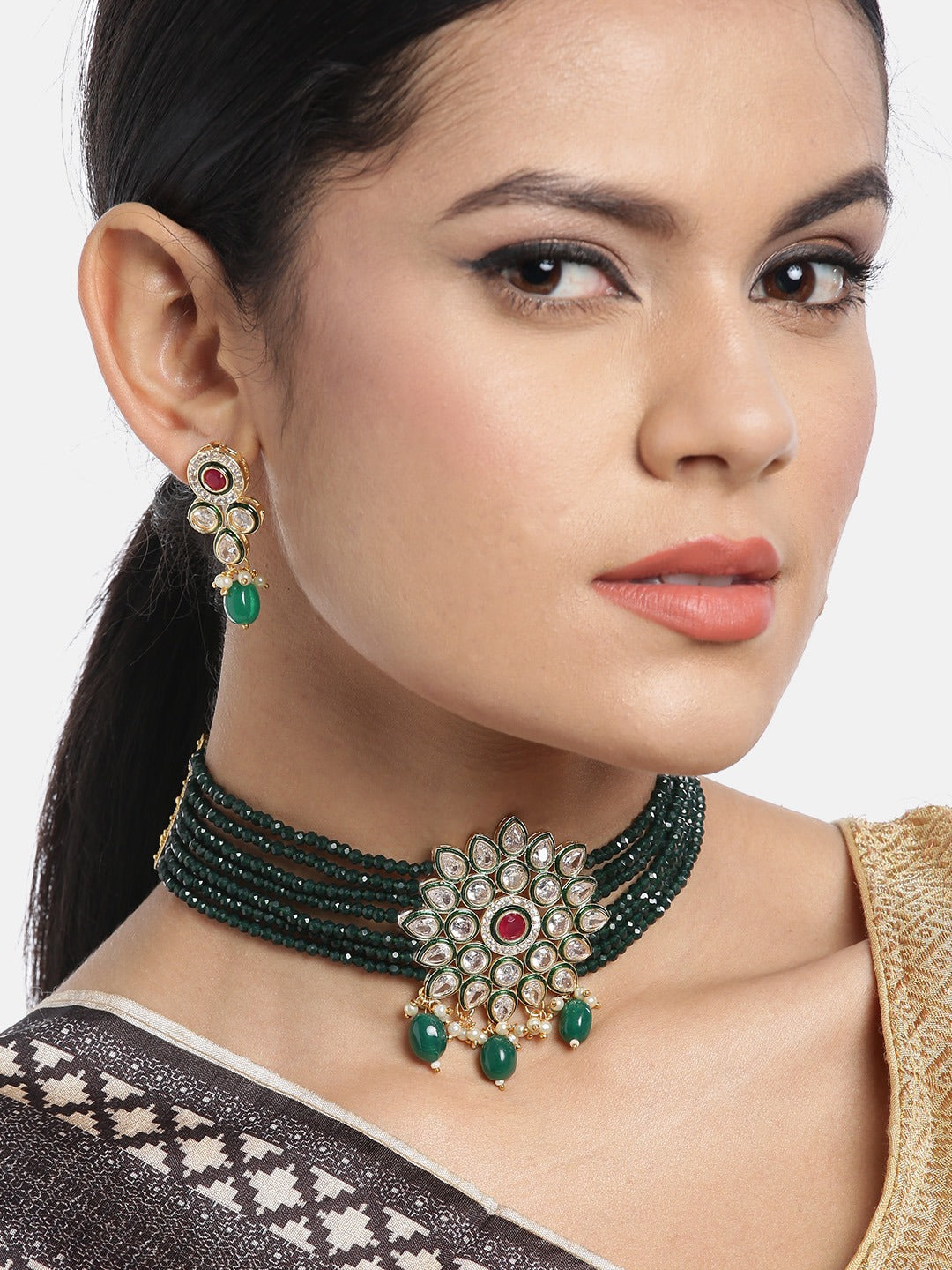 Green Gold-Plated Handcrafted Kundan-Studded Beaded Jewellery Set