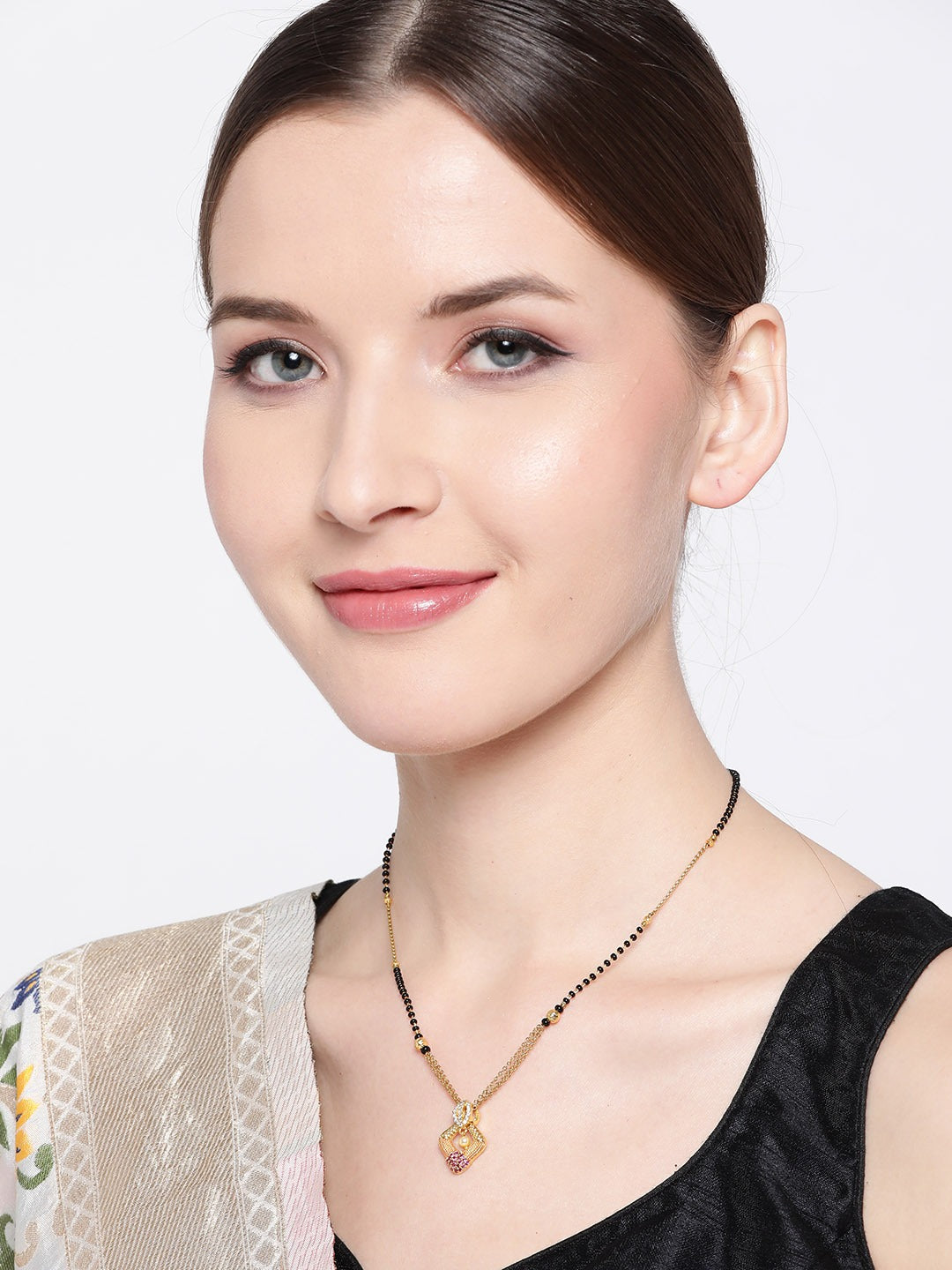 Black & Magenta Gold-Plated Beaded & AD-Studded Mangalsutra