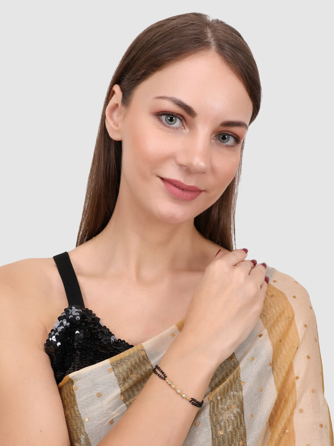 Women Gold-Toned & Black Handcrafted Mangalsutra Charm Bracelet