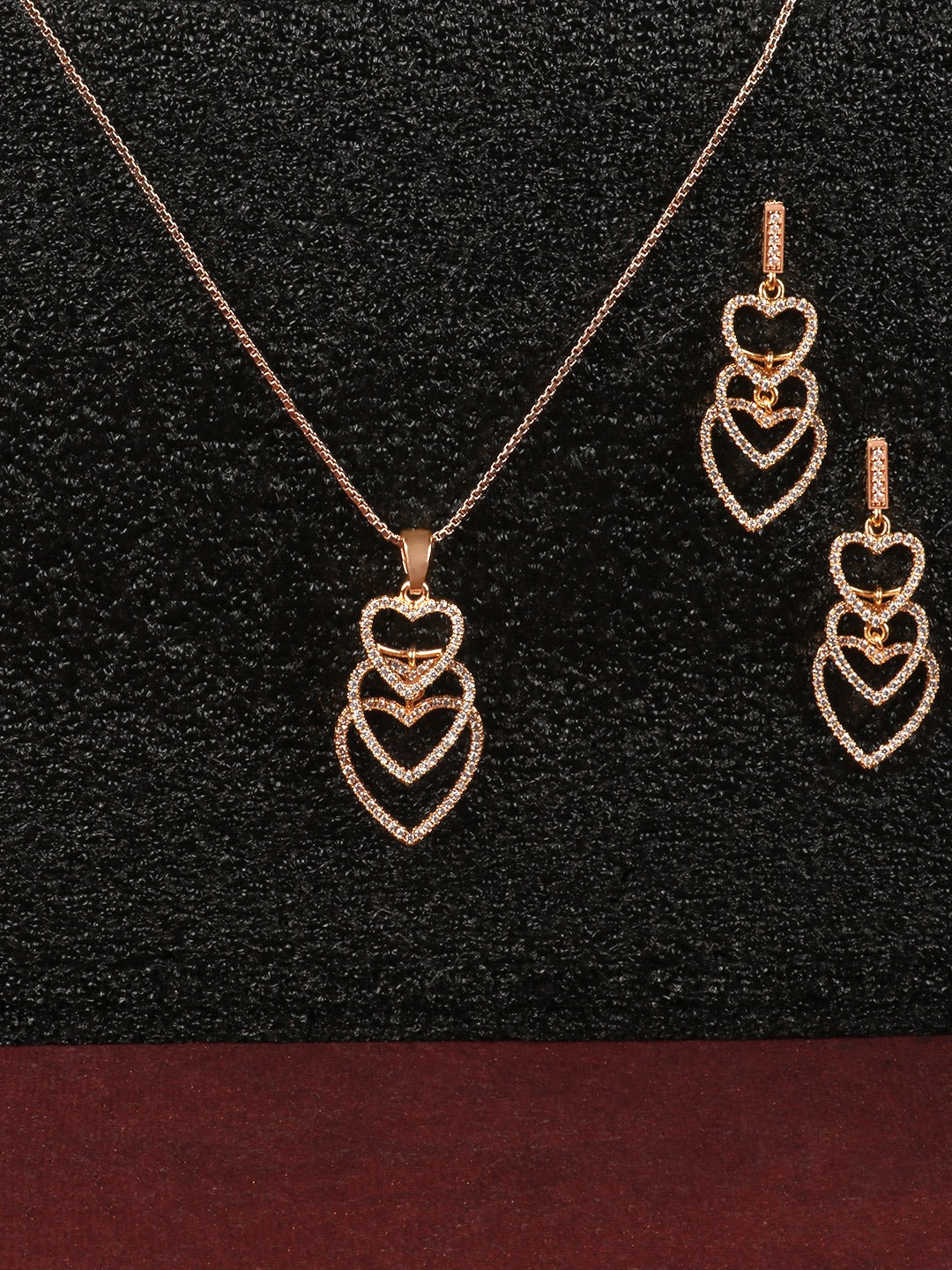 Rose Gold-Plated AD Studded Heart Shaped Pendant with Chain & Earrings