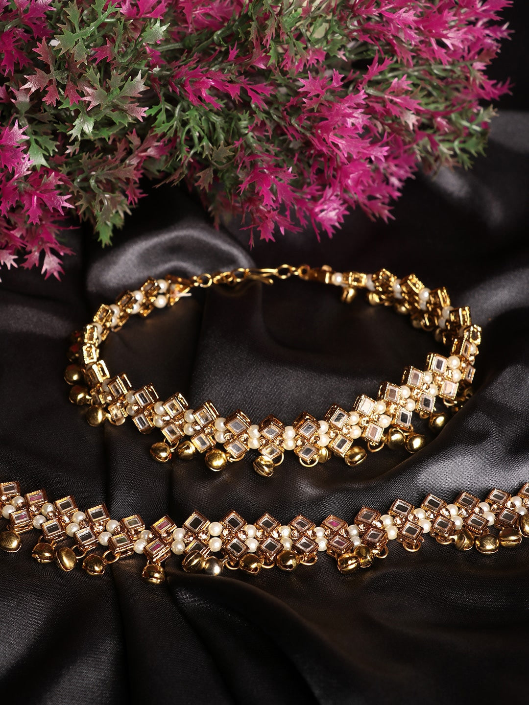 Set of 2 Gold Plated Bridal Look Stone and Pearl Studded Anklet