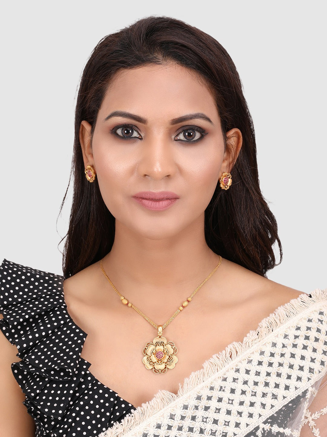 Gold-Plated & Pink Self Designer Floral Pendant & Earring Set