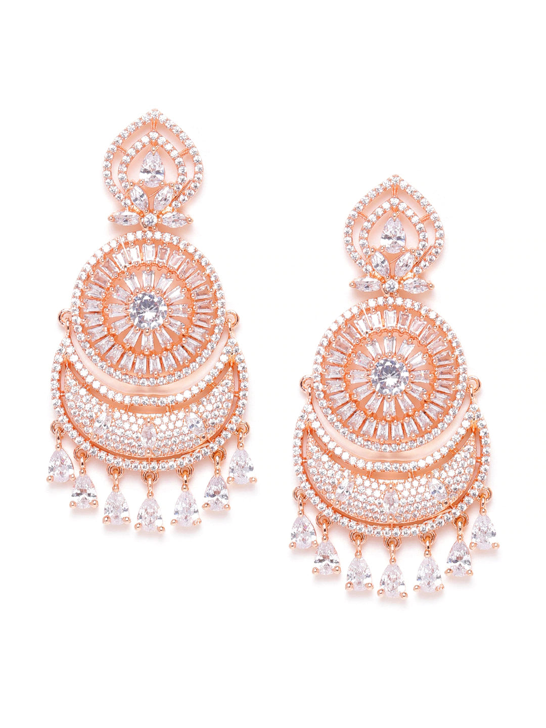 Rose Gold-Plated Handcrafted CZ-Studded Crescent-Shaped Chandbalis