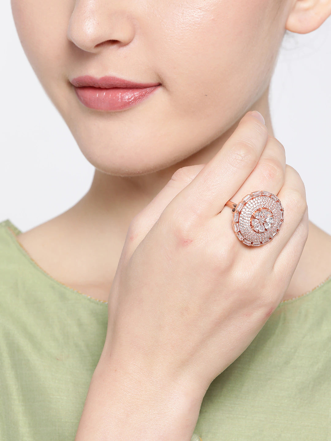 Rose Gold-Plated AD-Studded Handcrafted Adjustable Circular Finger Ring