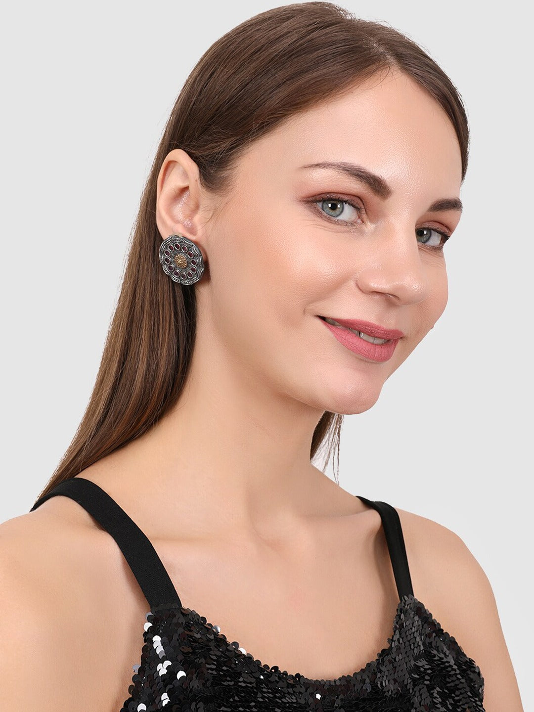 Silver-Toned Oxidised Circular Studs Earrings