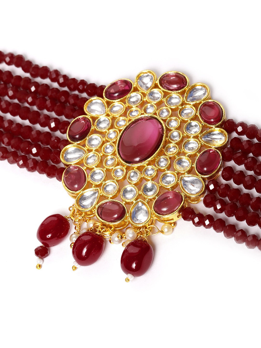 Gold-Plated & Maroon Pearls Beaded Jewellery Set