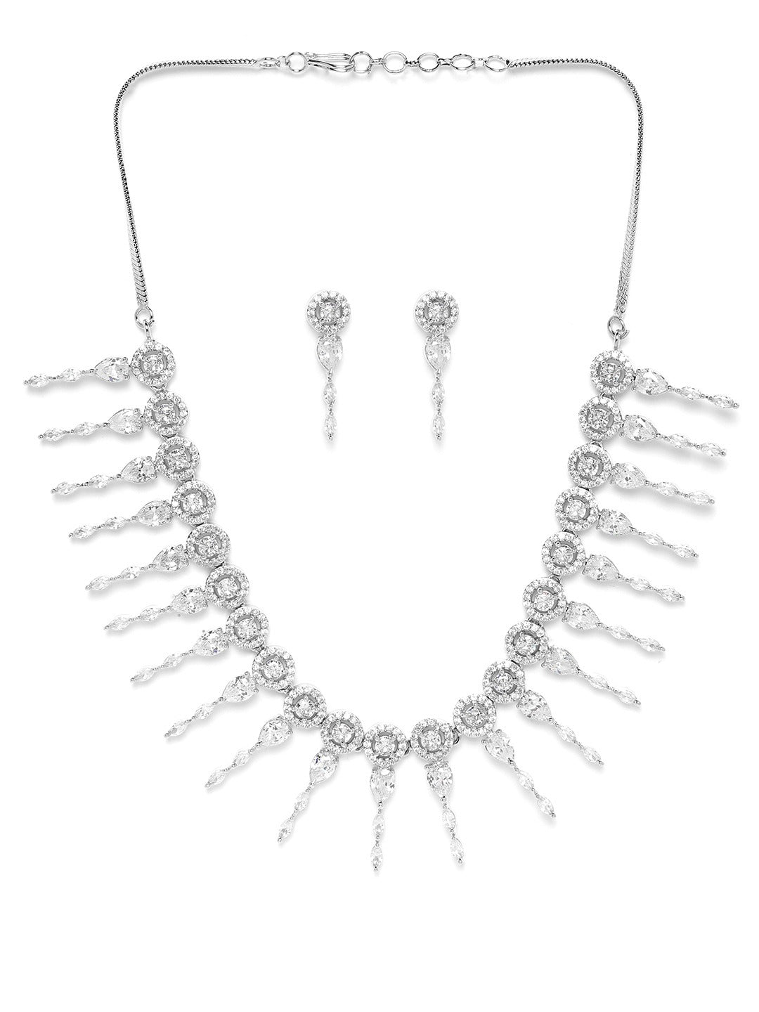 Silver-Toned Rhodium-Plated AD-Studded Handcrafted Jewellery Set