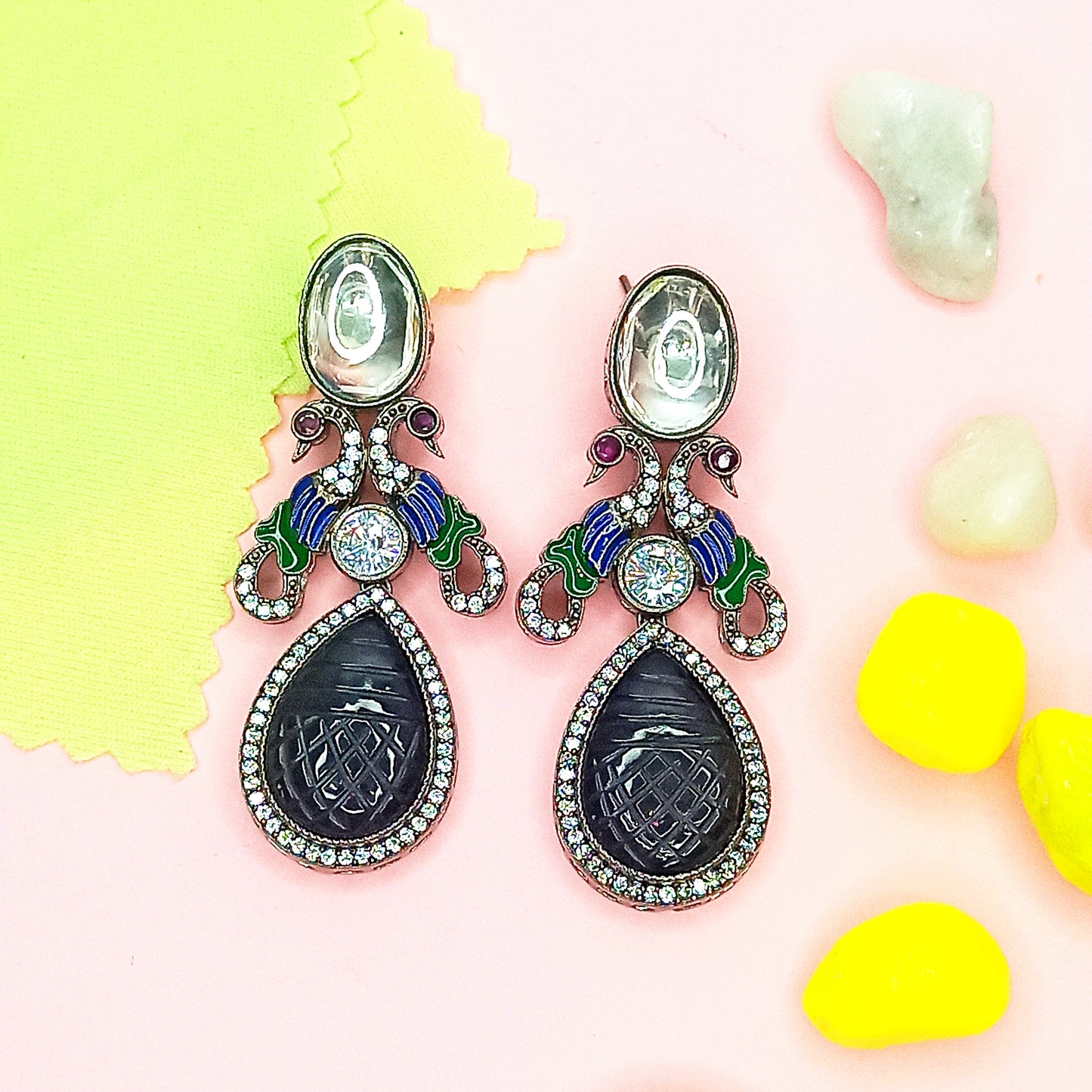 Monochrome Majesty Peacock Kundan Earrings