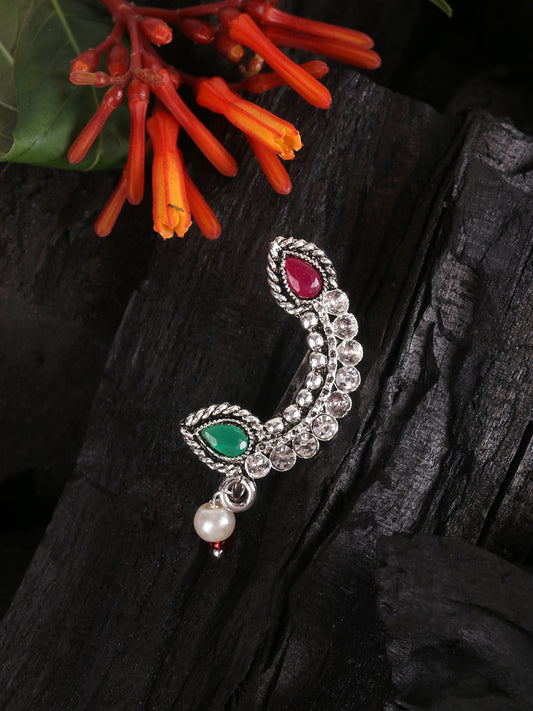 Oxidized Silver-Toned & White CZ-Studded Beaded Traditional Stud Nath