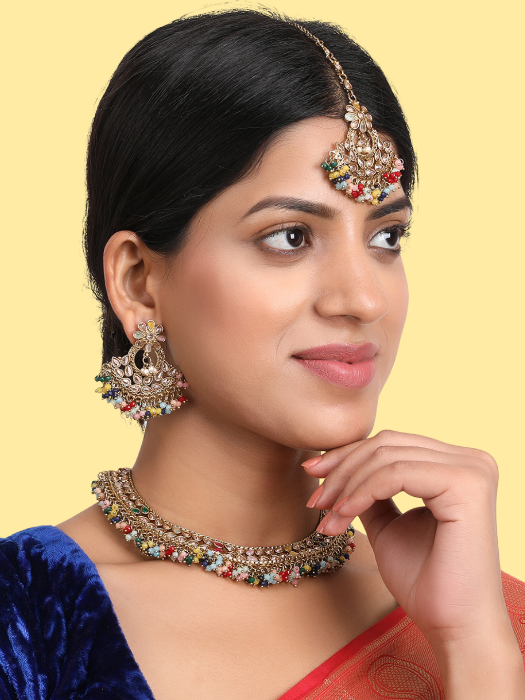 Gold-Plated Multi-Colored AD Stone Studded And Beaded Jewellery Set