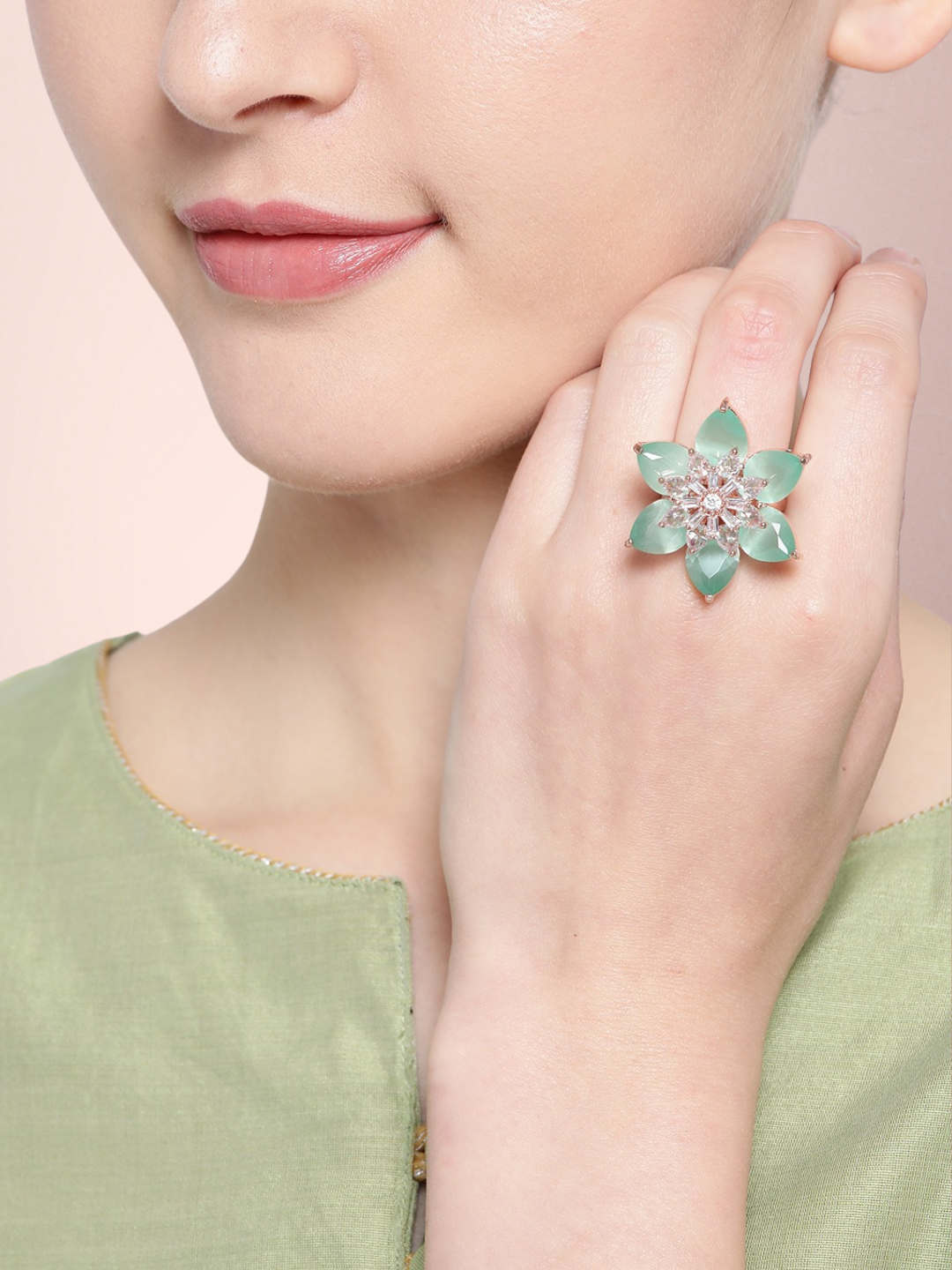 Sea Green Rose Gold-Plated AD-Studded Handcrafted Adjustable Floral Ring