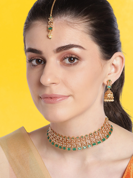 Green Gold-Plated Stone-Studded Handcrafted Choker Jewellery Set