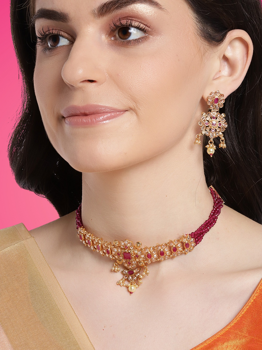 Pink Gold-Plated AD-Studded & Beaded Handcrafted Jewellery Set