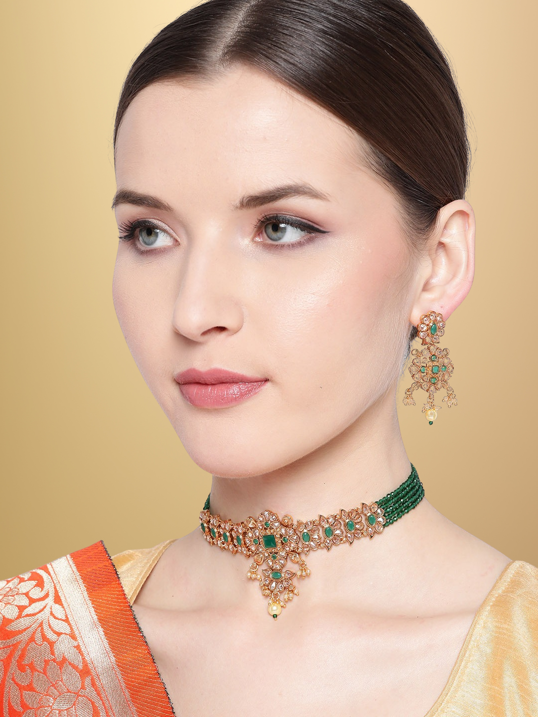 Green Gold-Plated Stone-Studded Beaded Handcrafted Jewellery Set