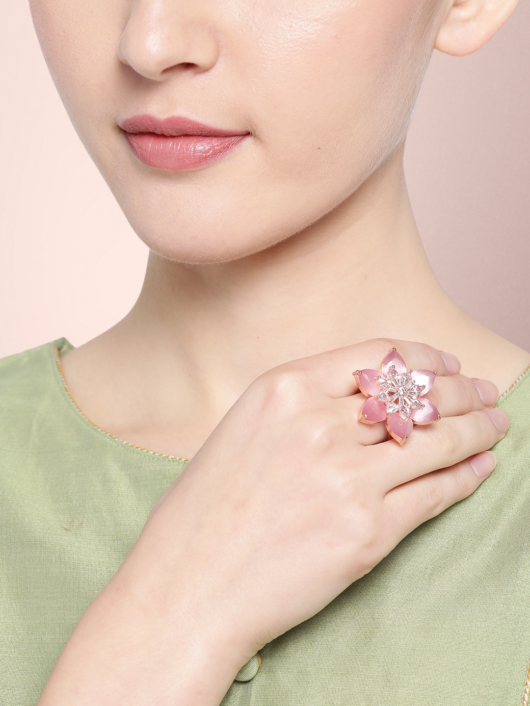 Pink Rose Gold-Plated AD-Studded Handcrafted Adjustable Floral Finger Ring
