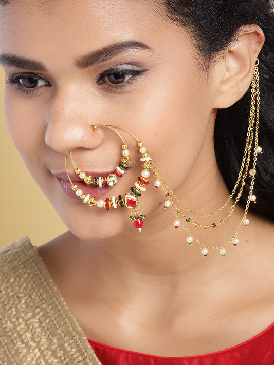 Red & Green Gold-Plated CZ-Studded & Beaded Chained Nose Ring