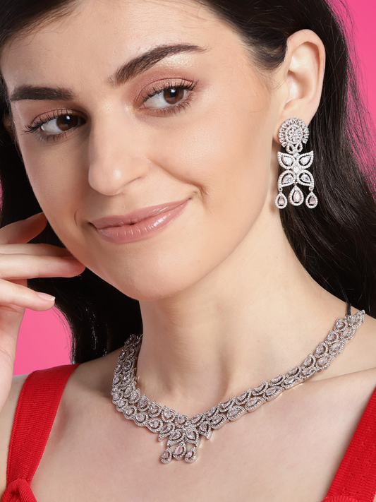 Rhodium-Plated & Pink American Diamond Jewellery Set