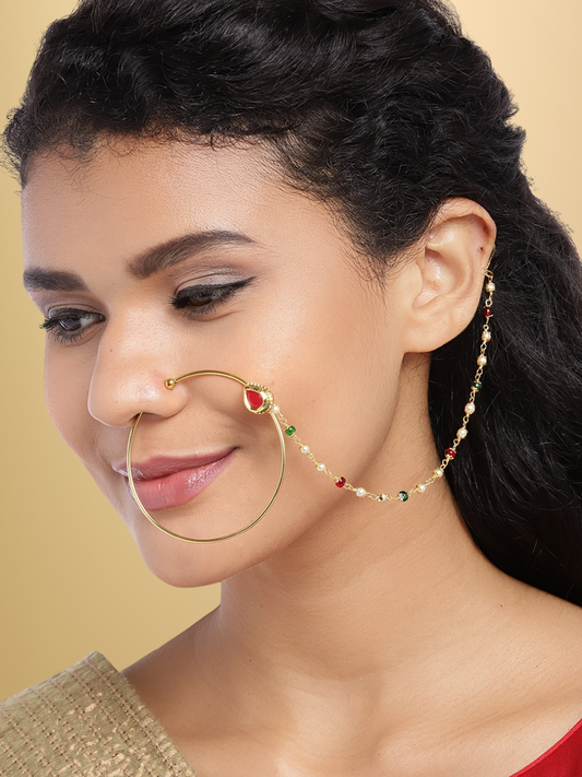 Red & Green Gold-Plated CZ-Studded & Beaded Handcrafted Chained Nose Ring