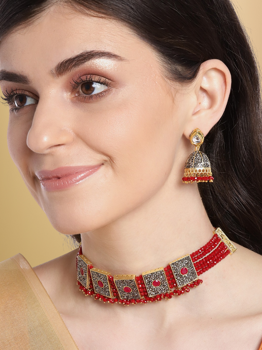 Red & Gunmetal-Toned Gold-Plated Stone-Studded Handcrafted Jewellery Set