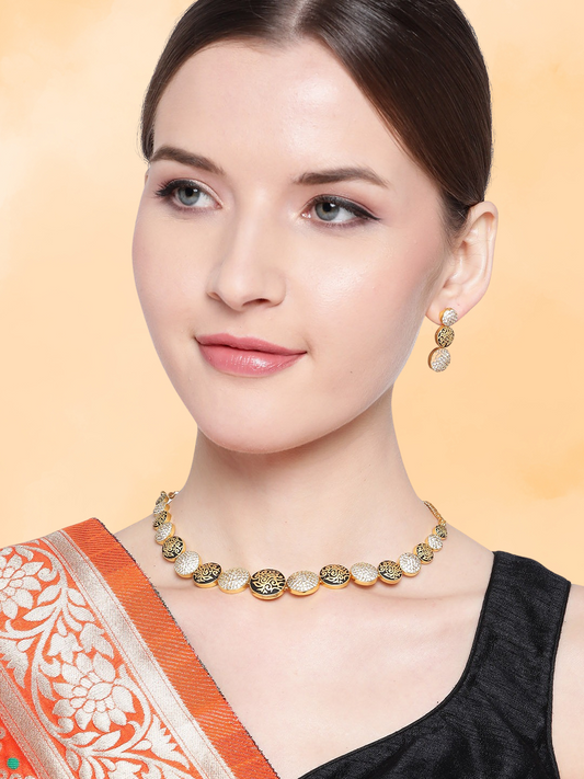 Black Gold-Plated AD-Studded Handcrafted Jewellery Set