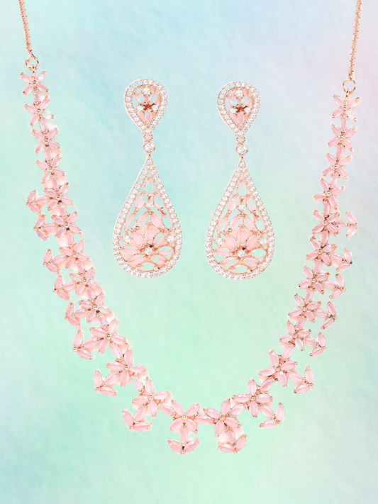 Pink Rose Gold-Plated American Diamond-Studded Handcrafted Jewellery Set
