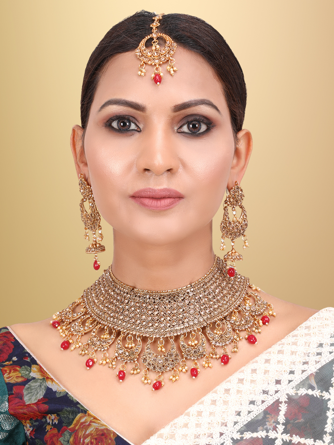 Gold-Plated & Red Stone Studded Choker Set