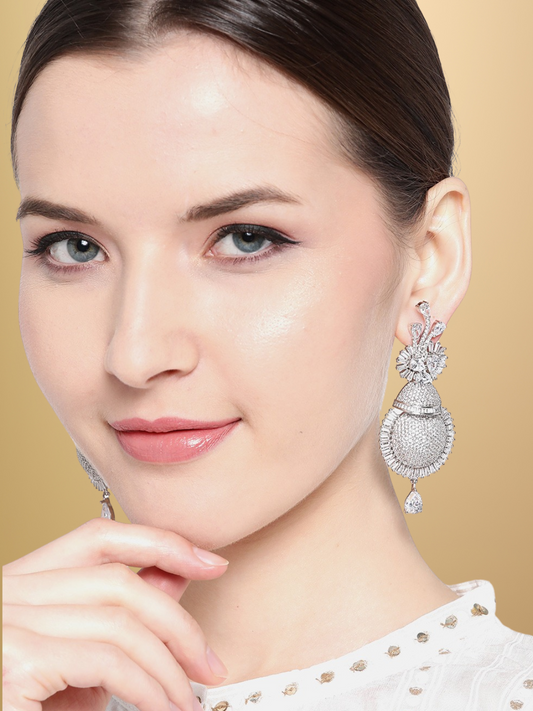 Silver-Plated AD Studded Handcrafted Drop Earrings