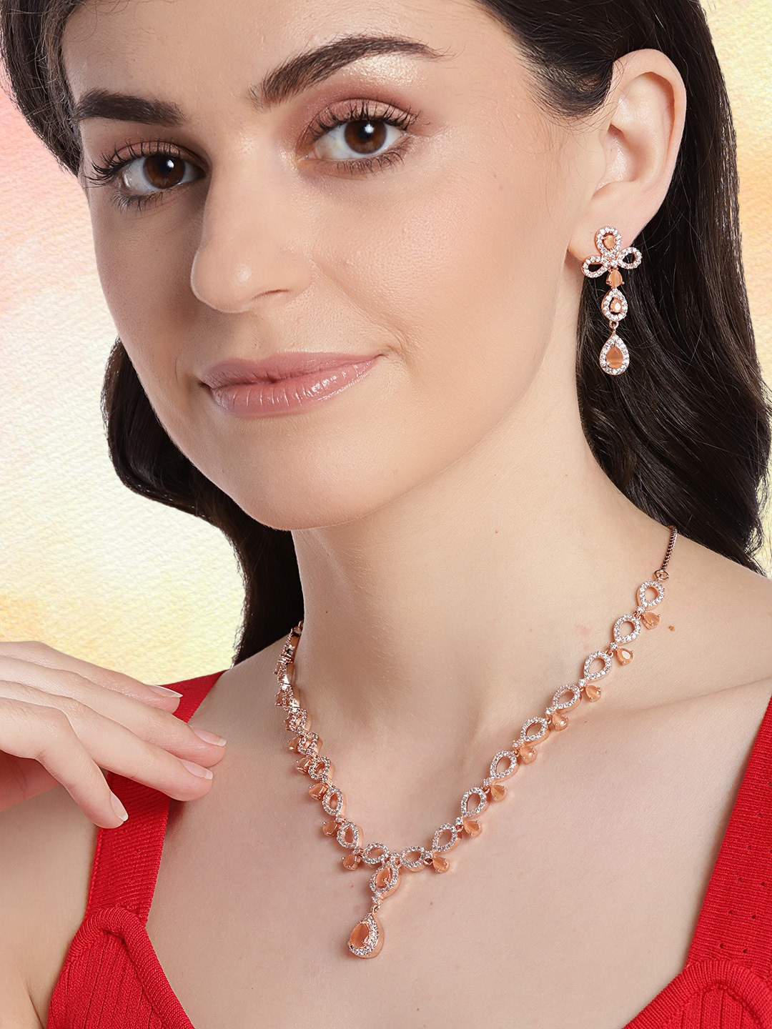 Peach-Coloured Rose Gold-Plated AD-Studded Handcrafted Jewellery Set