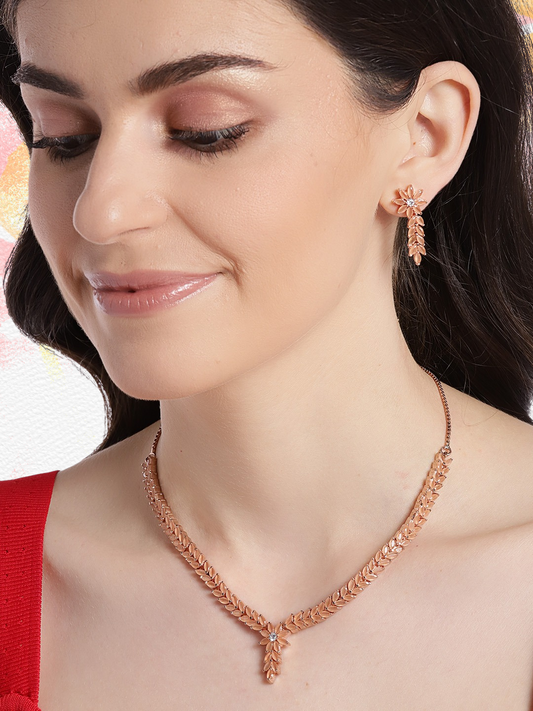 Peach-Coloured Rose Gold-Plated AD-Studded Handcrafted Jewellery Set