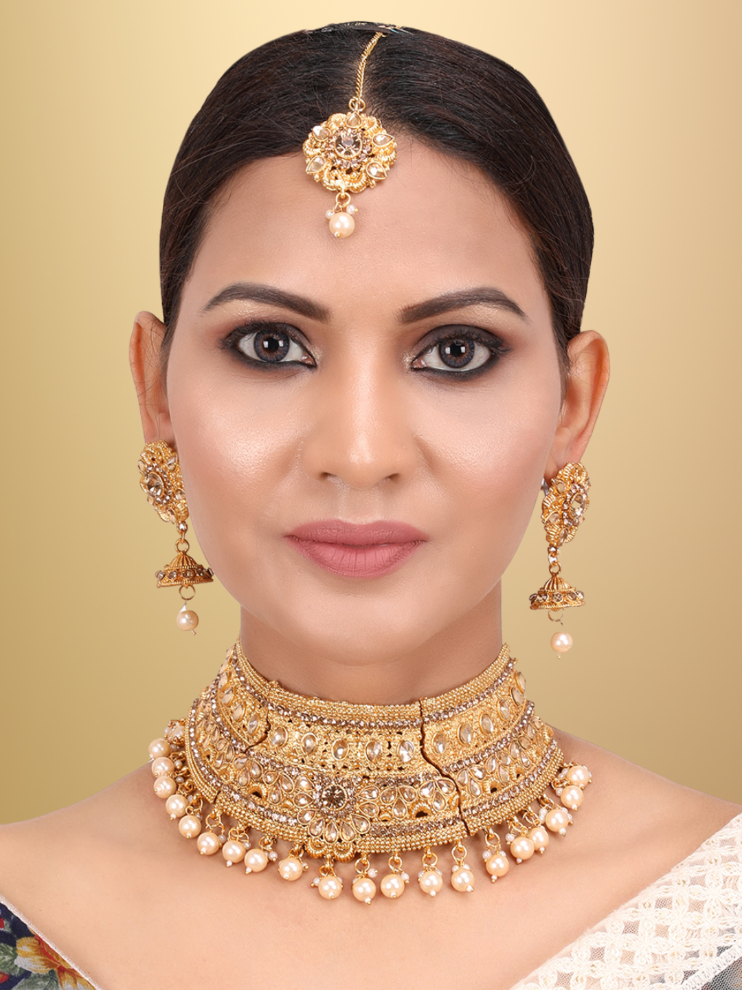 Gold Plated Stone Studded Choker Set with Chandbali Shape Earring & Maangtika