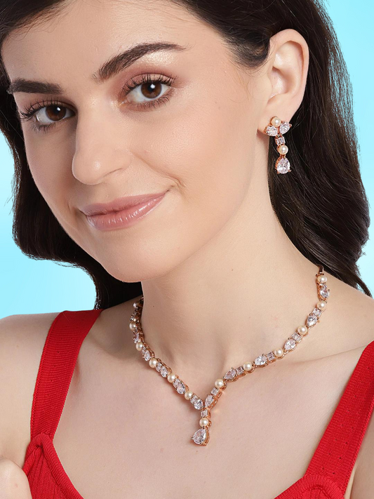 Off-White Rose Gold-Plated AD-Studded Beaded Handcrafted Jewellery Set