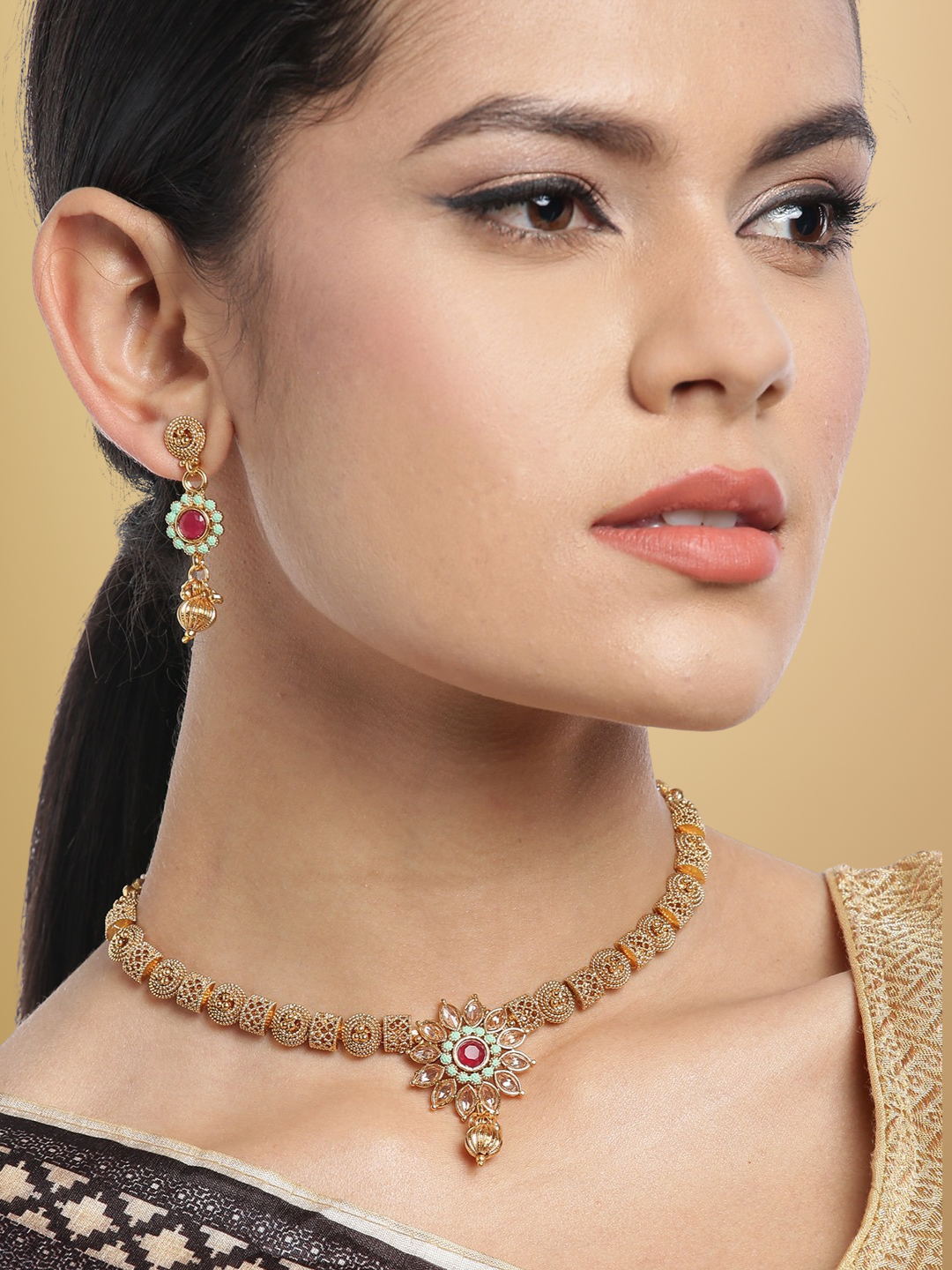 Green & Pink Gold-Plated Handcrafted Meenakari Jewellery Set