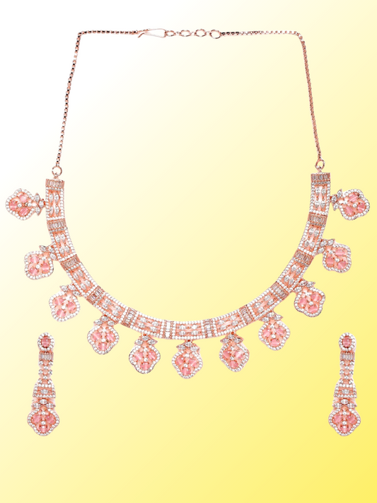 Pink Rose Gold-Plated American Diamond-Studded Handcrafted Jewellery Set