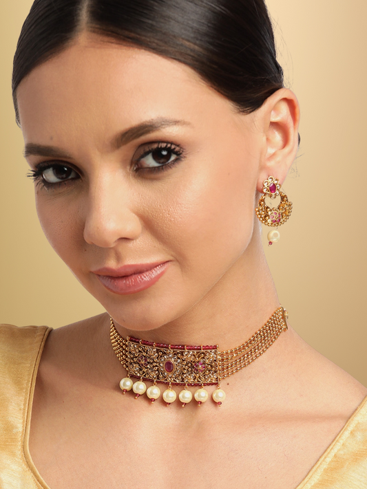 Maroon Gold-Plated Stone Studded & Beaded Handcrafted Jewellery Set