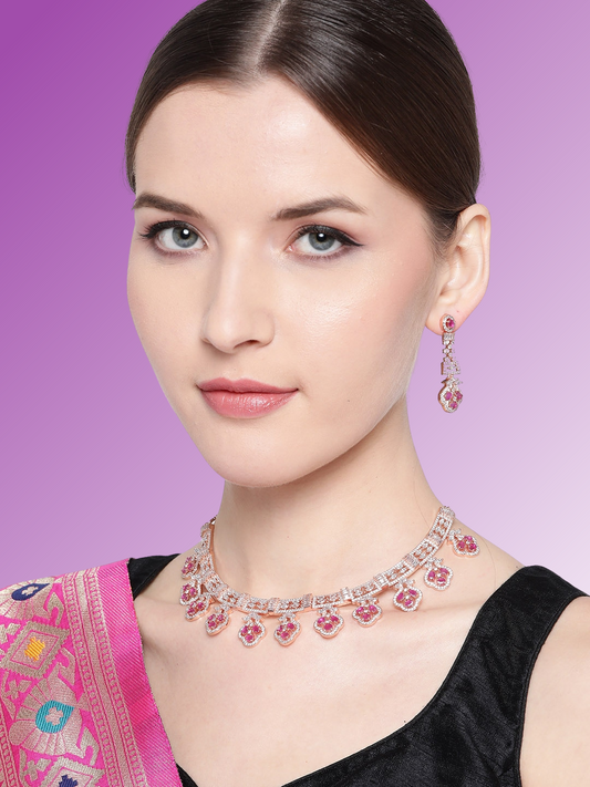 Pink Rose Gold-Plated AD-Studded Handcrafted Jewellery Set