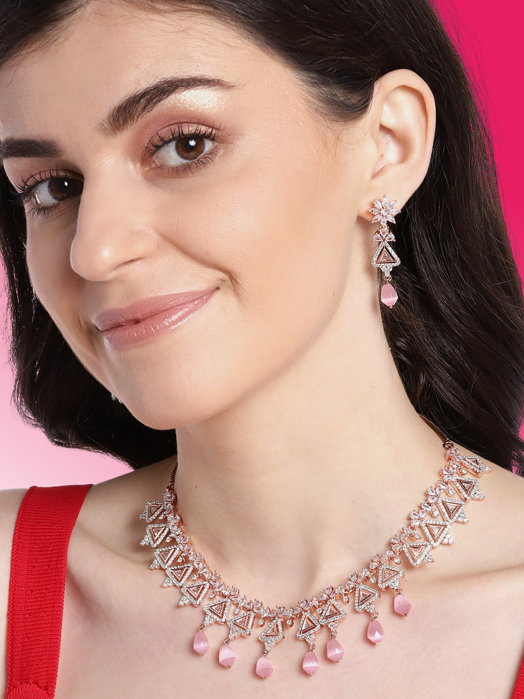 Pink Rose Gold-Plated AD-Studded Handcrafted Geometric Jewellery Set