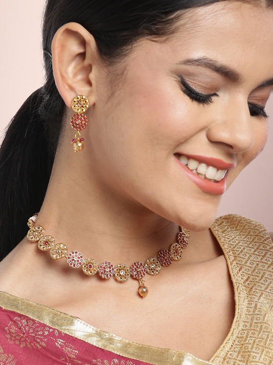Pink Gold-Plated Stone Studded Handcrafted Jewellery Set