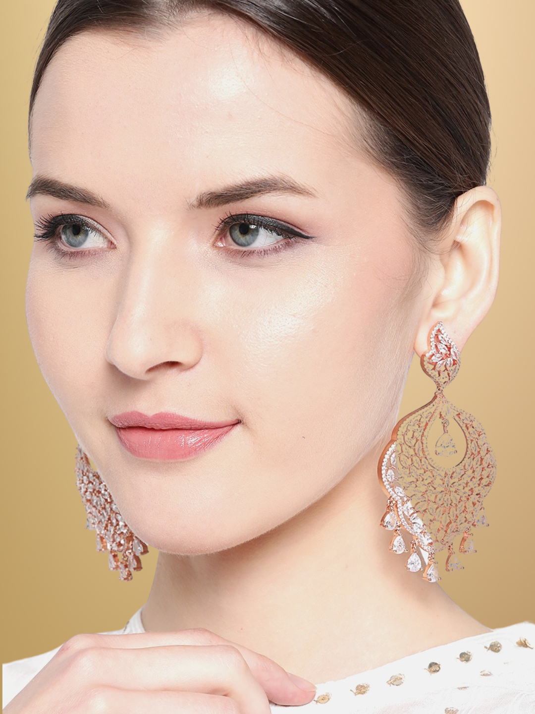 Rose Gold-Plated AD Studded Handcrafted Drop Earrings