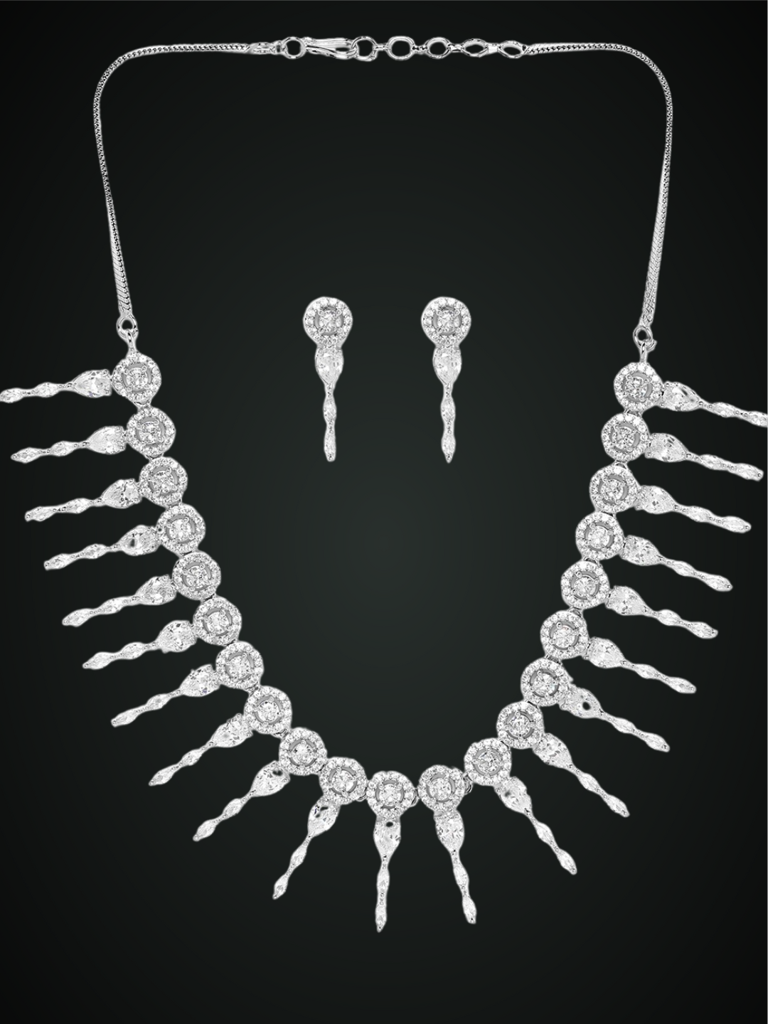 Silver-Toned Rhodium-Plated AD-Studded Handcrafted Jewellery Set