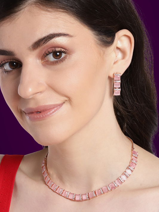 Pink Rose Gold-Plated AD-Studded Handcrafted Jewellery Set