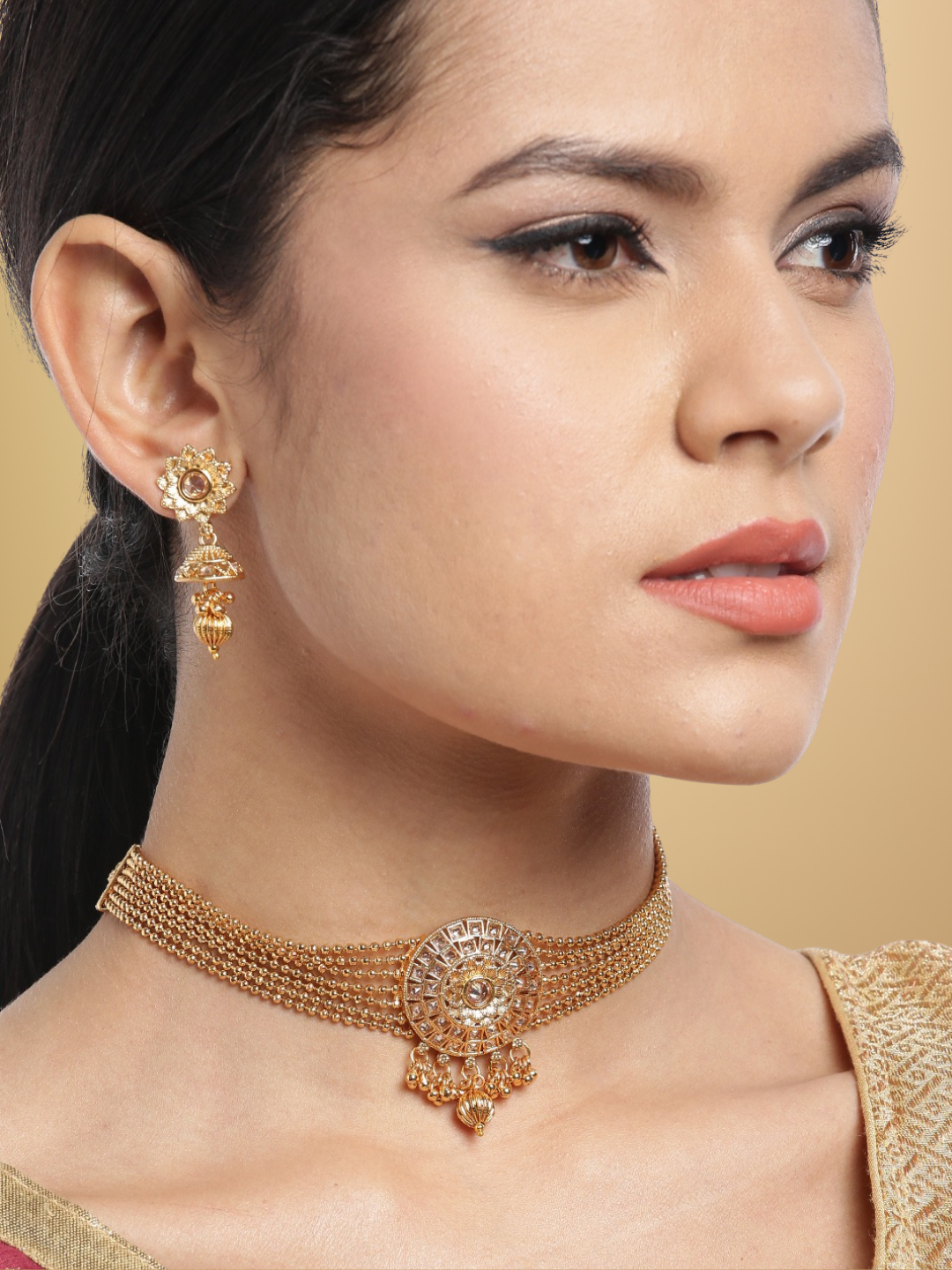 Gold-Plated Handcrafted Stone-Studded Multi-Stranded Jewellery Set