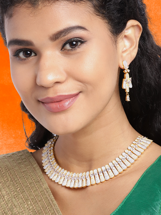Silver-Toned Gold-Plated AD-Studded Handcrafted Jewellery Set