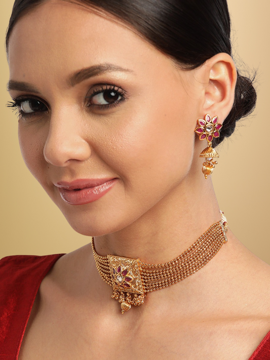 Jewels Gehna Pink Gold-Plated Stone Studded Handcrafted Jewellery Set