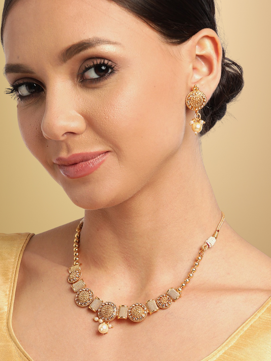 White Gold-Plated Stone Studded & Beaded Handcrafted Jewellery Set