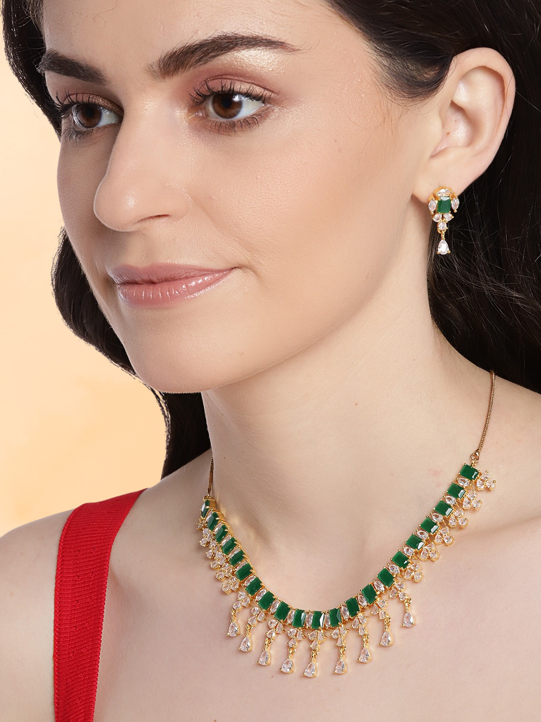 Green Gold-Plated AD-Studded Handcrafted Jewellery Set