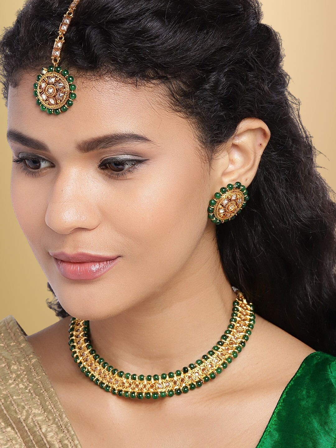 Green Gold-Plated CZ Stone-Studded Handcrafted Jewellery Set