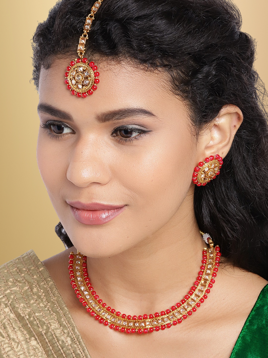 Red Gold Plated CZ Studded & Beaded Jewellery Set