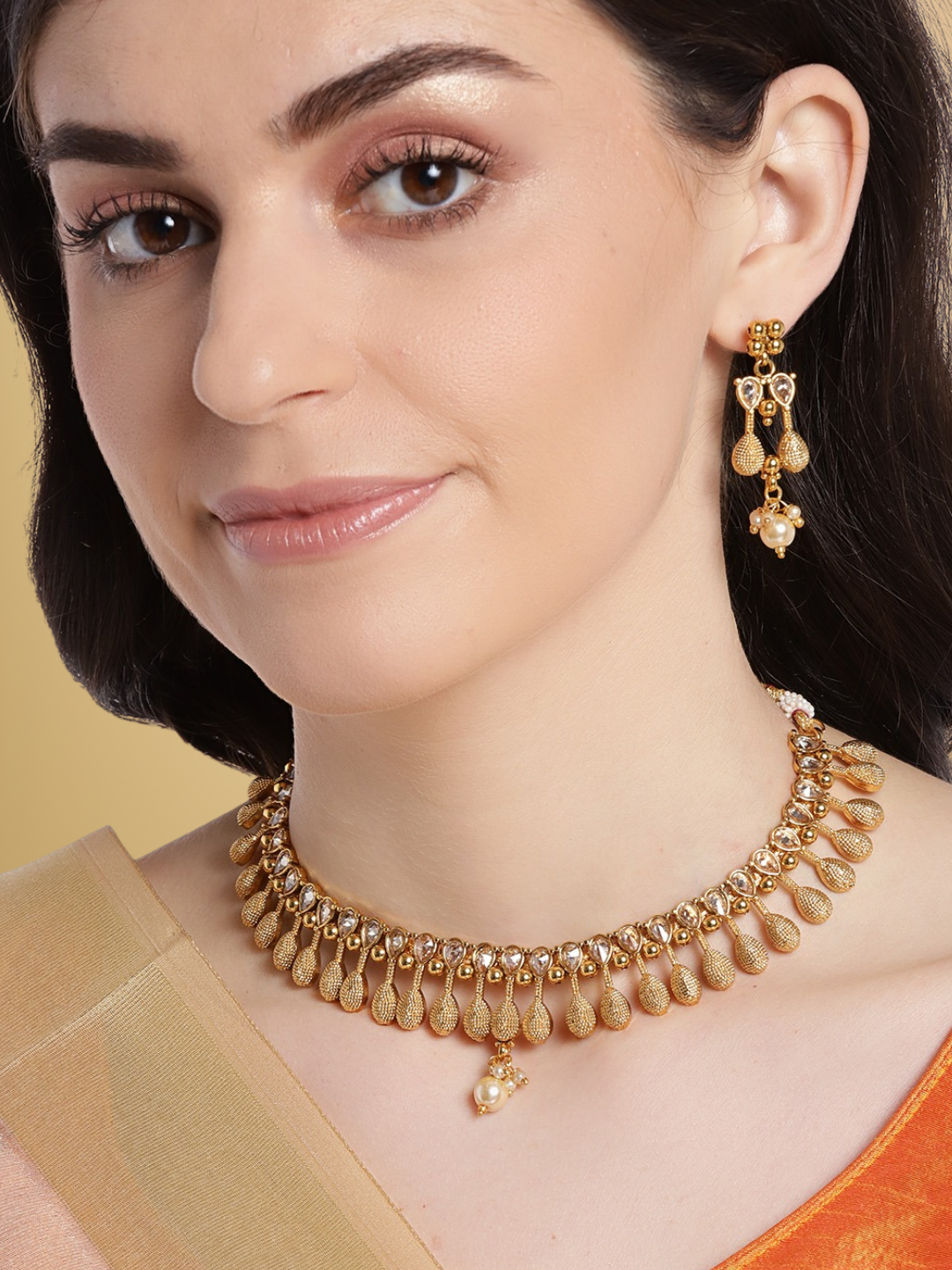 Gold-Plated AD-Studded & Beaded Handcrafted Jewellery Set