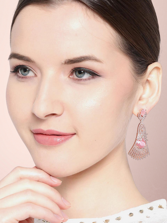 Pink Rose Gold-Plated AD Studded Handcrafted Contemporary Drop Earrings