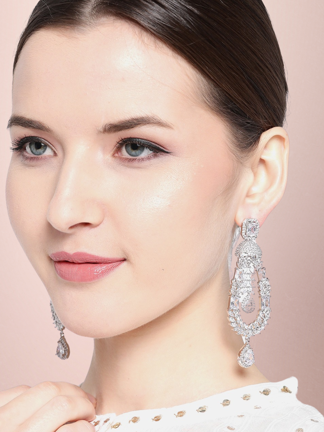 Silver-Plated AD Studded Handcrafted Drop Earrings